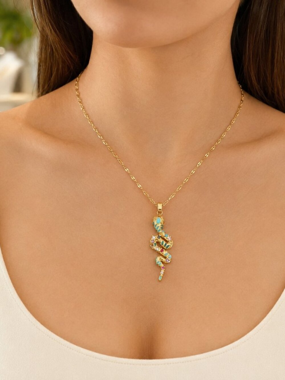 Gold Snake Pendant Necklace Multicolor Crystal Turquoise Enamel Boho NWT